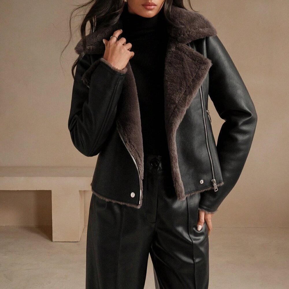 Black Casual Women's Faux Leather Composite Collar Jacket